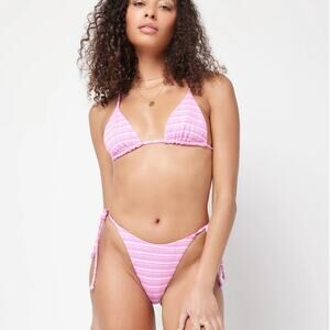 L*SPACE Brittany Bikini Top Electric Pique Stripe Pink Triangle Tie Large NEW